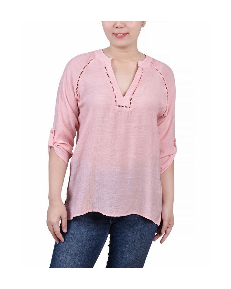 Petite Raglan Sleeve Split Neck Blouse Pink $13.76 Tops