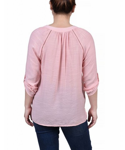 Petite Raglan Sleeve Split Neck Blouse Pink $13.76 Tops