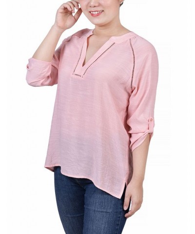 Petite Raglan Sleeve Split Neck Blouse Pink $13.76 Tops