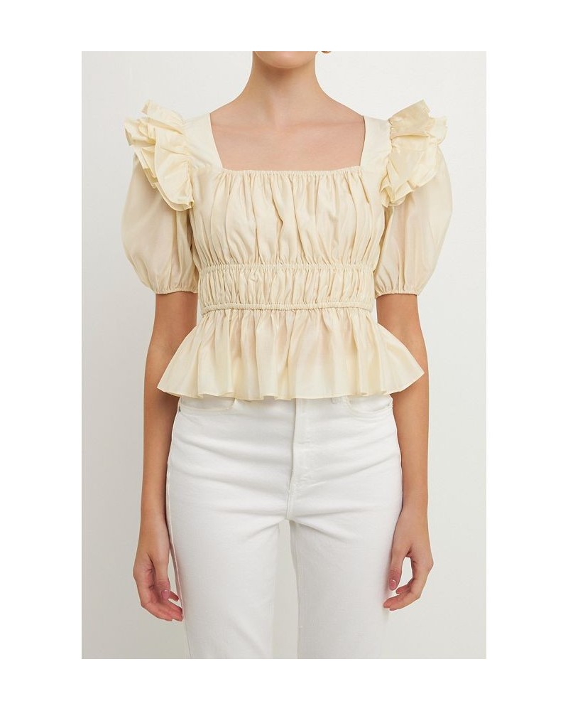 Women's Smocked Puff Sleeve Top Champagne $44.00 Tops