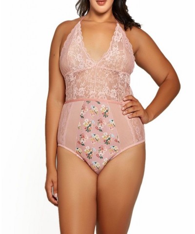 Plus Size Phoeny Galloon Lace and Floral Satin Lingerie Bodysuit Pink $36.03 Lingerie