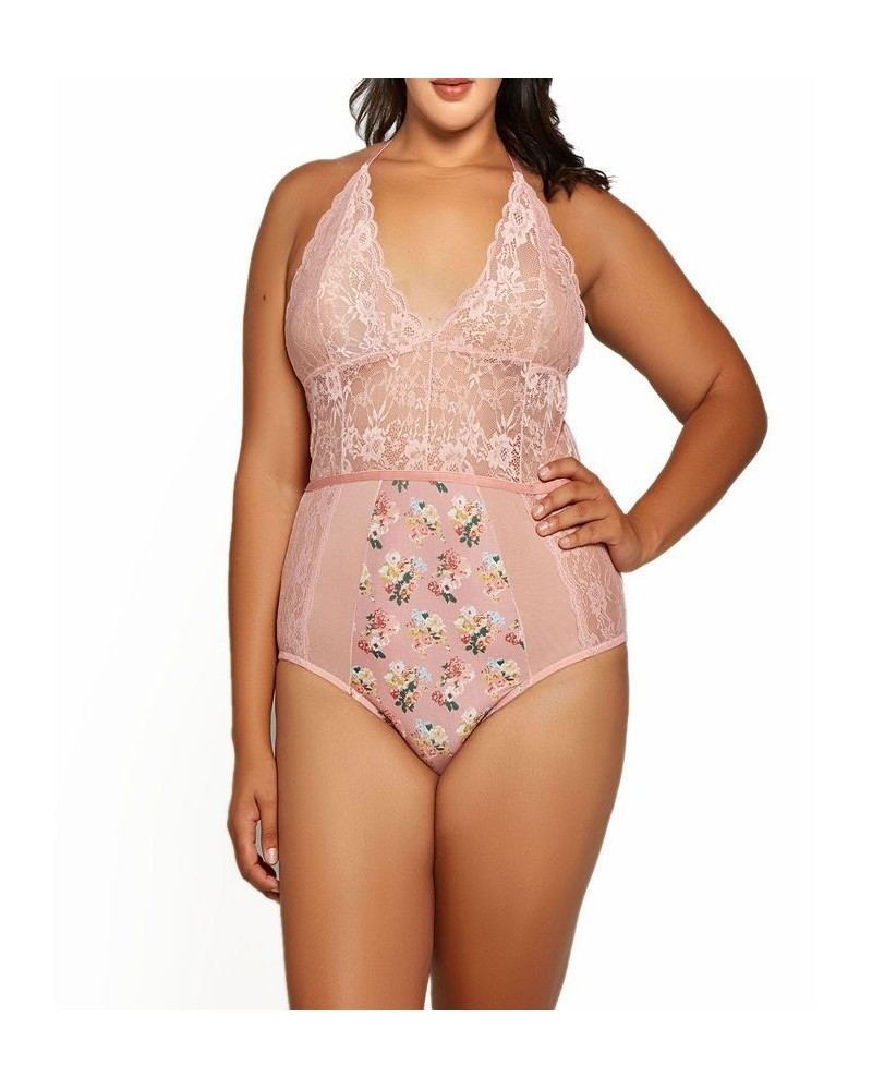 Plus Size Phoeny Galloon Lace and Floral Satin Lingerie Bodysuit Pink $36.03 Lingerie