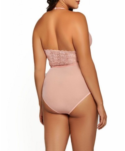 Plus Size Phoeny Galloon Lace and Floral Satin Lingerie Bodysuit Pink $36.03 Lingerie