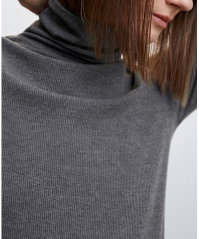 Women's Ribbed High Neck T-shirt Gray $21.59 Tops