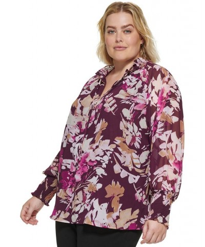 Plus Size Printed Tie-Neck Blouse Purple $31.85 Tops