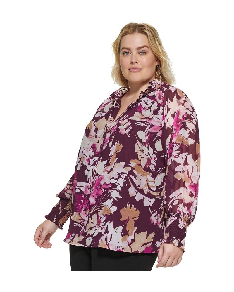 Plus Size Printed Tie-Neck Blouse Purple $31.85 Tops