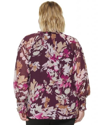 Plus Size Printed Tie-Neck Blouse Purple $31.85 Tops