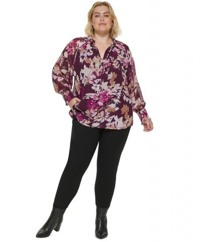 Plus Size Printed Tie-Neck Blouse Purple $31.85 Tops