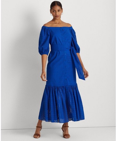 Women's Eyelet Cotton Off-the-Shoulder Dress Blue Saturn $110.00 Dresses