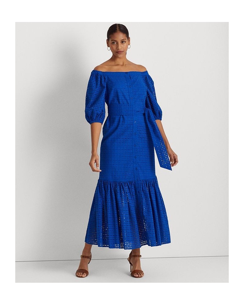 Women's Eyelet Cotton Off-the-Shoulder Dress Blue Saturn $110.00 Dresses