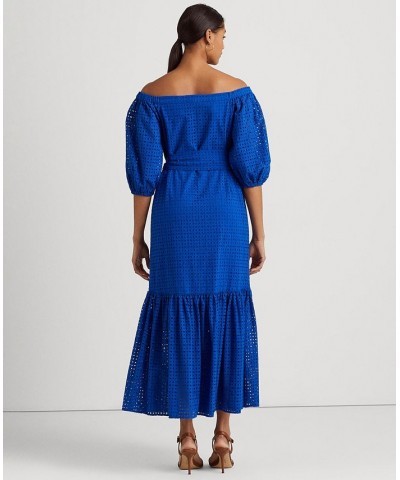 Women's Eyelet Cotton Off-the-Shoulder Dress Blue Saturn $110.00 Dresses