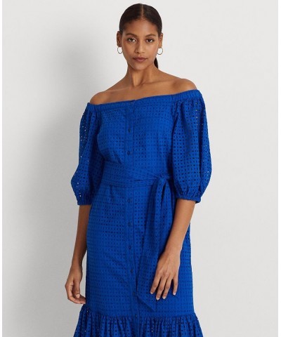 Women's Eyelet Cotton Off-the-Shoulder Dress Blue Saturn $110.00 Dresses