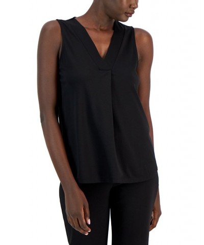 Women's Sleeveless Pleat-Front V-Neck Top Black $33.04 Tops