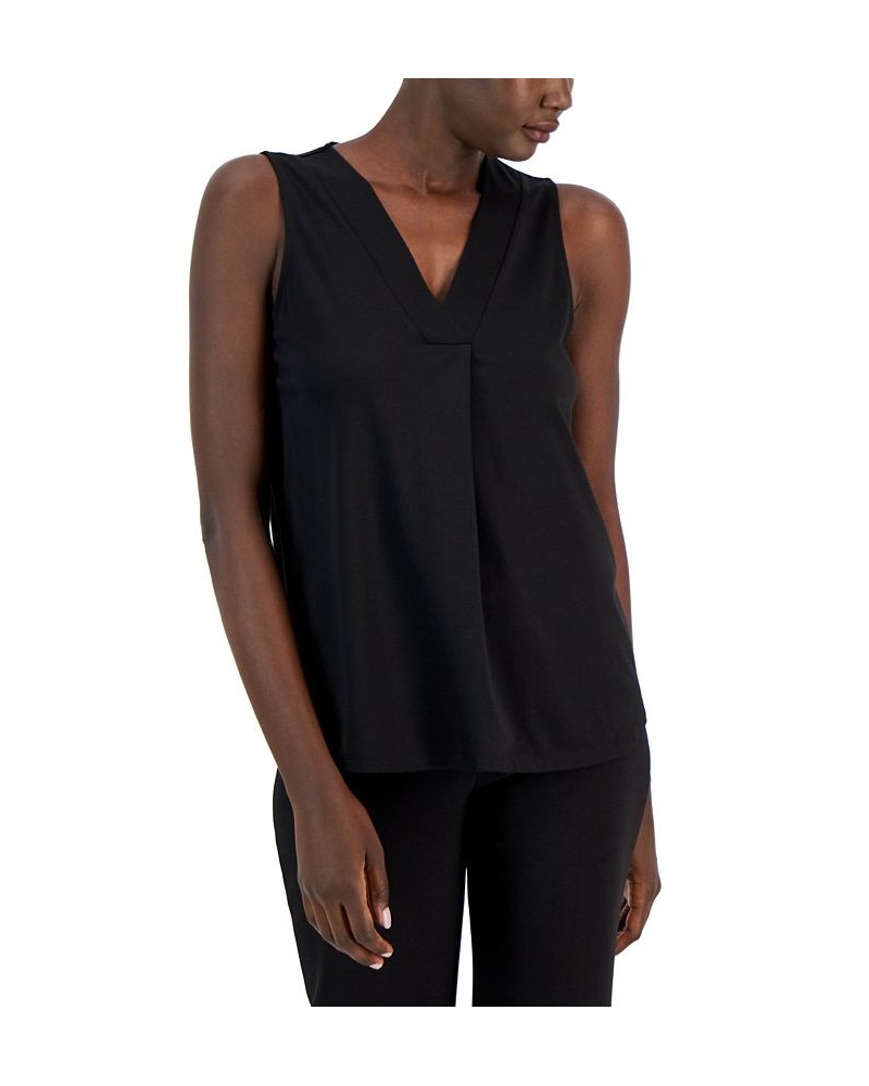 Women's Sleeveless Pleat-Front V-Neck Top Black $33.04 Tops