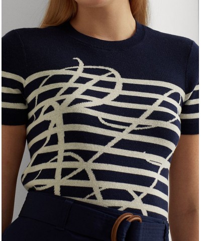 Women's Logo Striped Short-Sleeve Sweater Blue $45.90 Sweaters