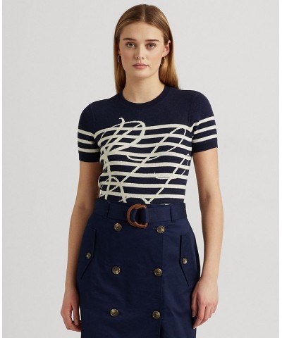 Women's Logo Striped Short-Sleeve Sweater Blue $45.90 Sweaters