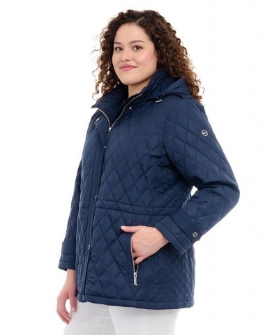 Women's Plus Size Quilted Hooded Anorak Coat Blue $60.68 Coats