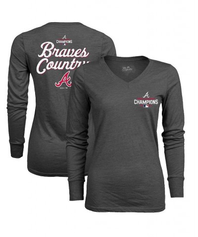 Women's Threads Charcoal Atlanta Braves 2021 World Series Champions Hometown Long Sleeve V-Neck T-shirt Charcoal $21.92 Tops