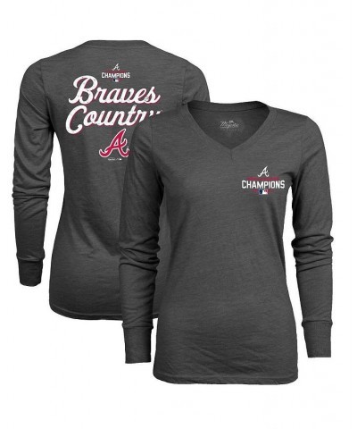 Women's Threads Charcoal Atlanta Braves 2021 World Series Champions Hometown Long Sleeve V-Neck T-shirt Charcoal $21.92 Tops