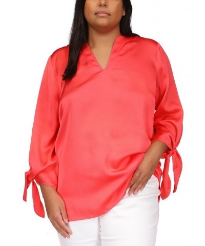 Plus Size Tie-Cuff 3/4-Sleeve Blouse Pink $41.16 Tops