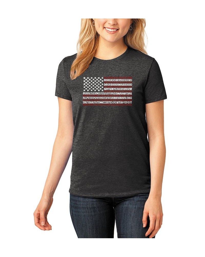 Women's Premium Blend 50 States USA Flag Word Art T-shirt Black $15.54 Tops