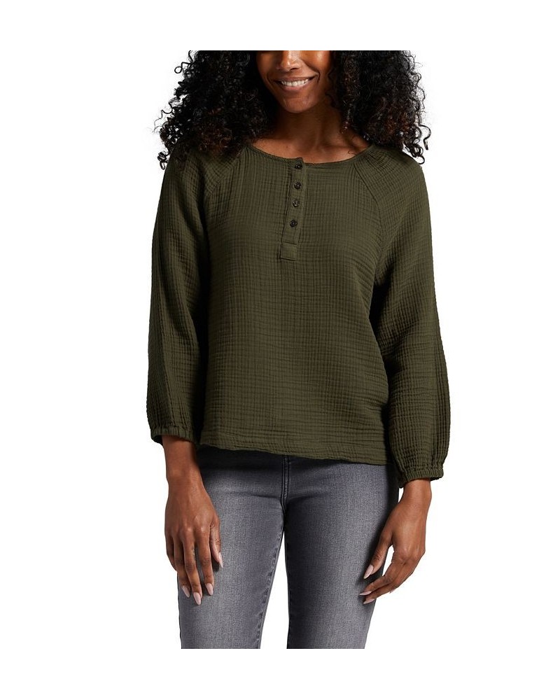 Women's Textured Henley Blouse Green $36.72 Tops