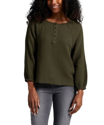 Women's Textured Henley Blouse Green $36.72 Tops