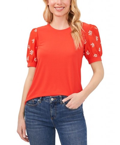 Women's Embroidered Puff-Sleeve Blouse Red $24.93 Tops