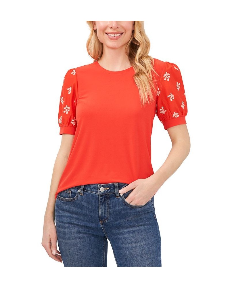 Women's Embroidered Puff-Sleeve Blouse Red $24.93 Tops