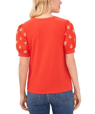 Women's Embroidered Puff-Sleeve Blouse Red $24.93 Tops