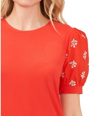 Women's Embroidered Puff-Sleeve Blouse Red $24.93 Tops