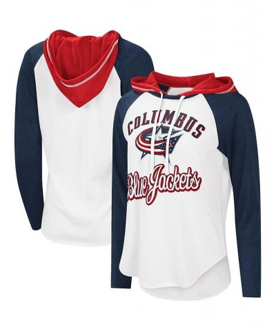 Women's White Navy Columbus Blue Jackets MVP Raglan Hoodie T-shirt Blue $27.49 Tops