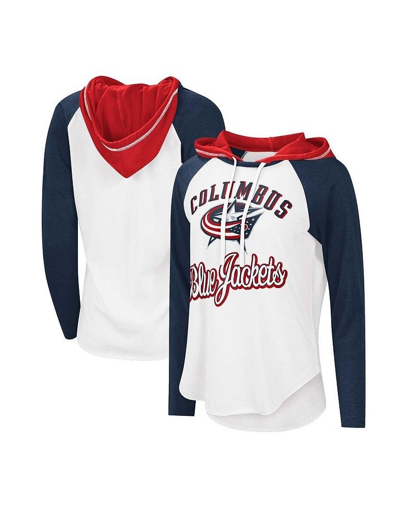 Women's White Navy Columbus Blue Jackets MVP Raglan Hoodie T-shirt Blue $27.49 Tops