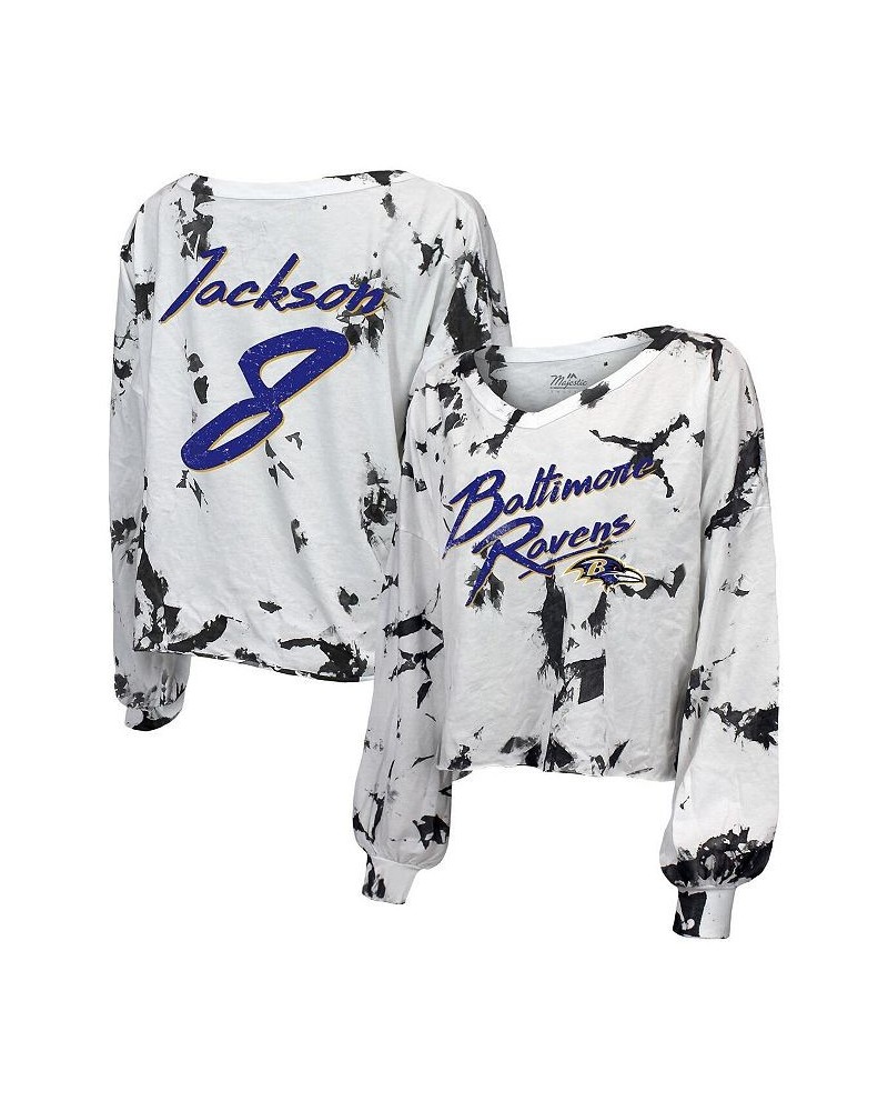 Women's Baltimore Ravens Off-Shoulder Tie-Dye Name and Number Long Sleeve V-Neck T-shirt White $32.20 Tops