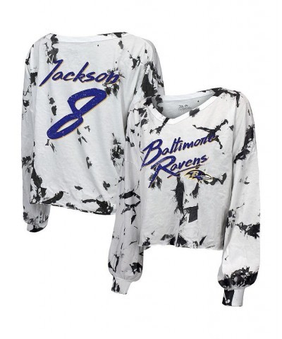 Women's Baltimore Ravens Off-Shoulder Tie-Dye Name and Number Long Sleeve V-Neck T-shirt White $32.20 Tops