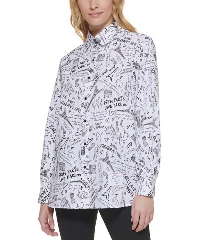 Women's Printed Button-Front Cotton Top White/Black $42.79 Tops