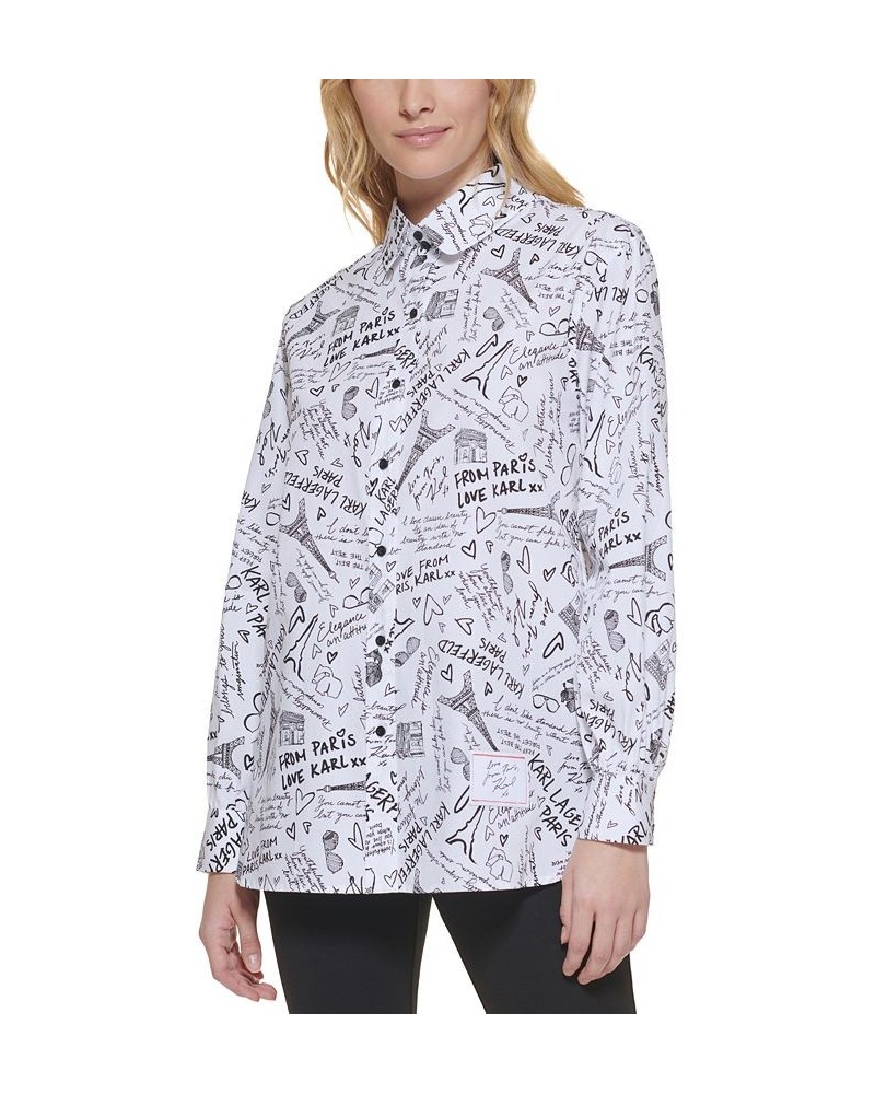 Women's Printed Button-Front Cotton Top White/Black $42.79 Tops