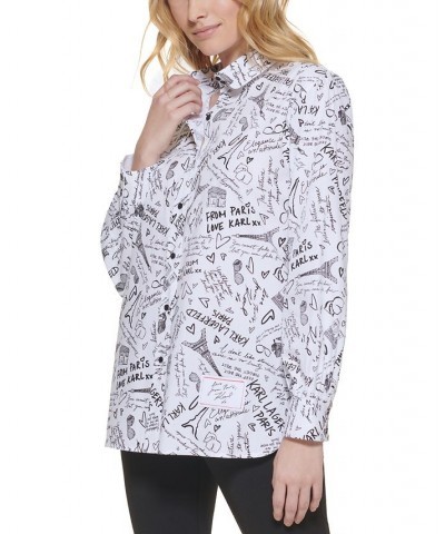 Women's Printed Button-Front Cotton Top White/Black $42.79 Tops