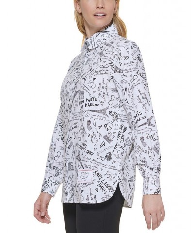 Women's Printed Button-Front Cotton Top White/Black $42.79 Tops