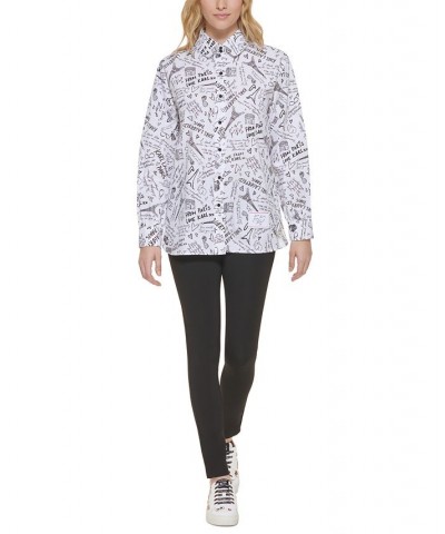 Women's Printed Button-Front Cotton Top White/Black $42.79 Tops