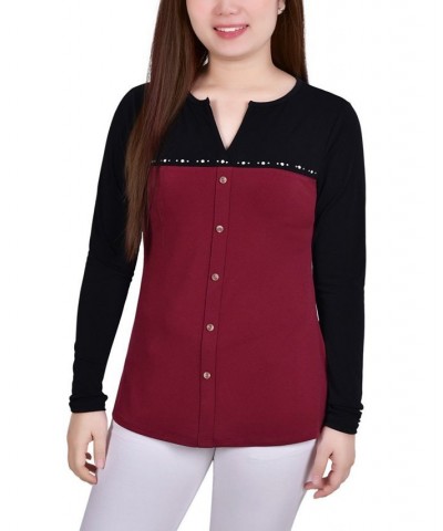 Petite Long Sleeve Studded Colorblocked Split Neck Top Wine $17.10 Tops