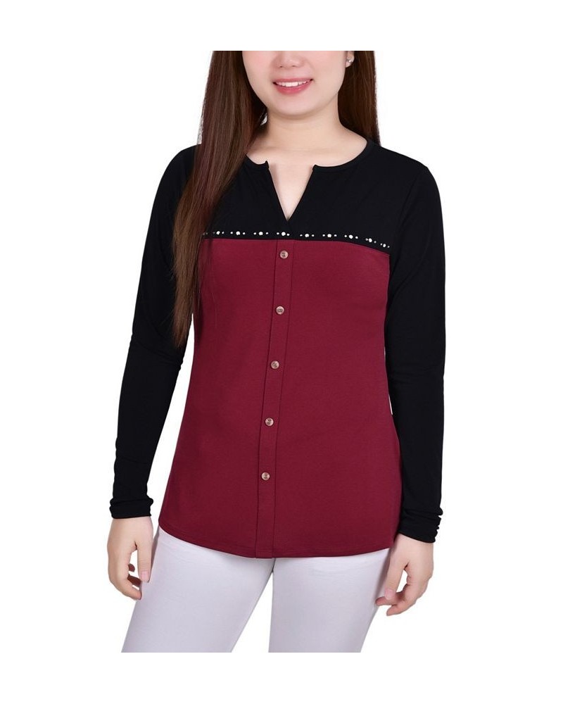 Petite Long Sleeve Studded Colorblocked Split Neck Top Wine $17.10 Tops