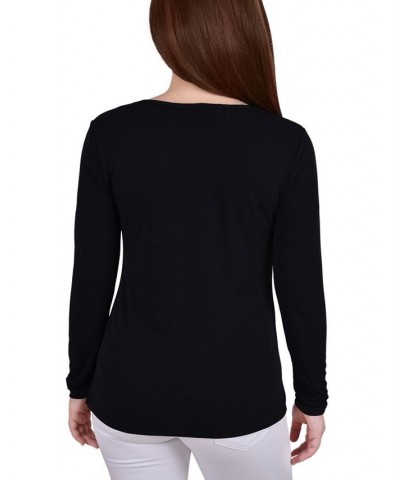 Petite Long Sleeve Studded Colorblocked Split Neck Top Wine $17.10 Tops