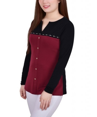 Petite Long Sleeve Studded Colorblocked Split Neck Top Wine $17.10 Tops