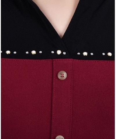 Petite Long Sleeve Studded Colorblocked Split Neck Top Wine $17.10 Tops