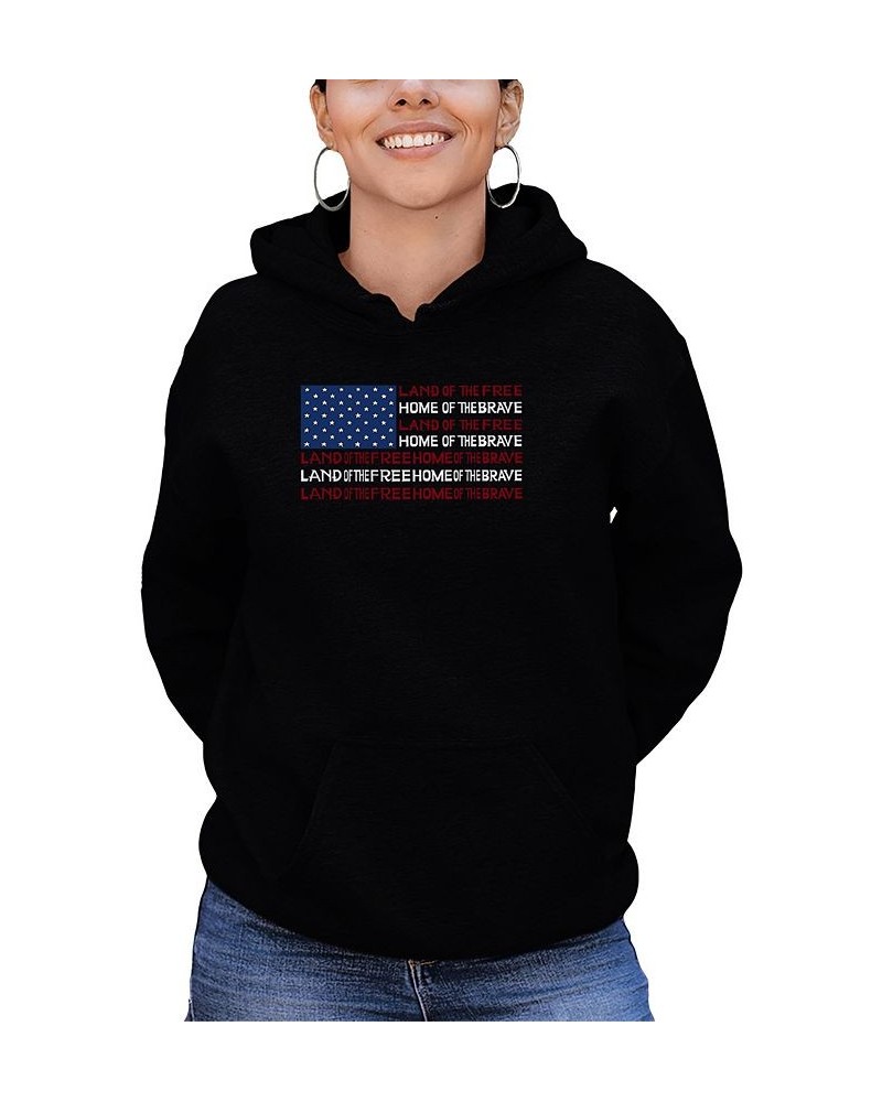 Women's Land of the Free American Flag Word Art Hooded Sweatshirt Black $35.39 Tops