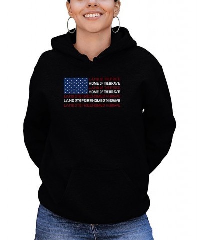 Women's Land of the Free American Flag Word Art Hooded Sweatshirt Black $35.39 Tops