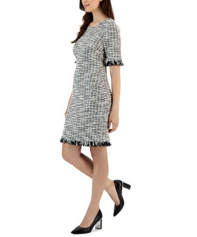 Women's Fringe-Trim Bouclé Sheath Dress Black/ivory $38.96 Dresses