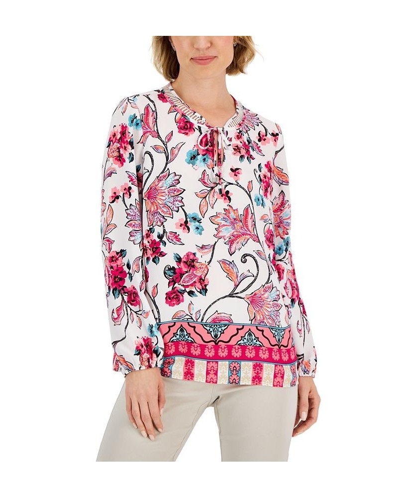 Women's Traveling Ornament Printed Lattice-Neck Top Bright White Combo $17.19 Tops