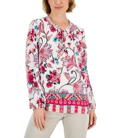 Women's Traveling Ornament Printed Lattice-Neck Top Bright White Combo $17.19 Tops